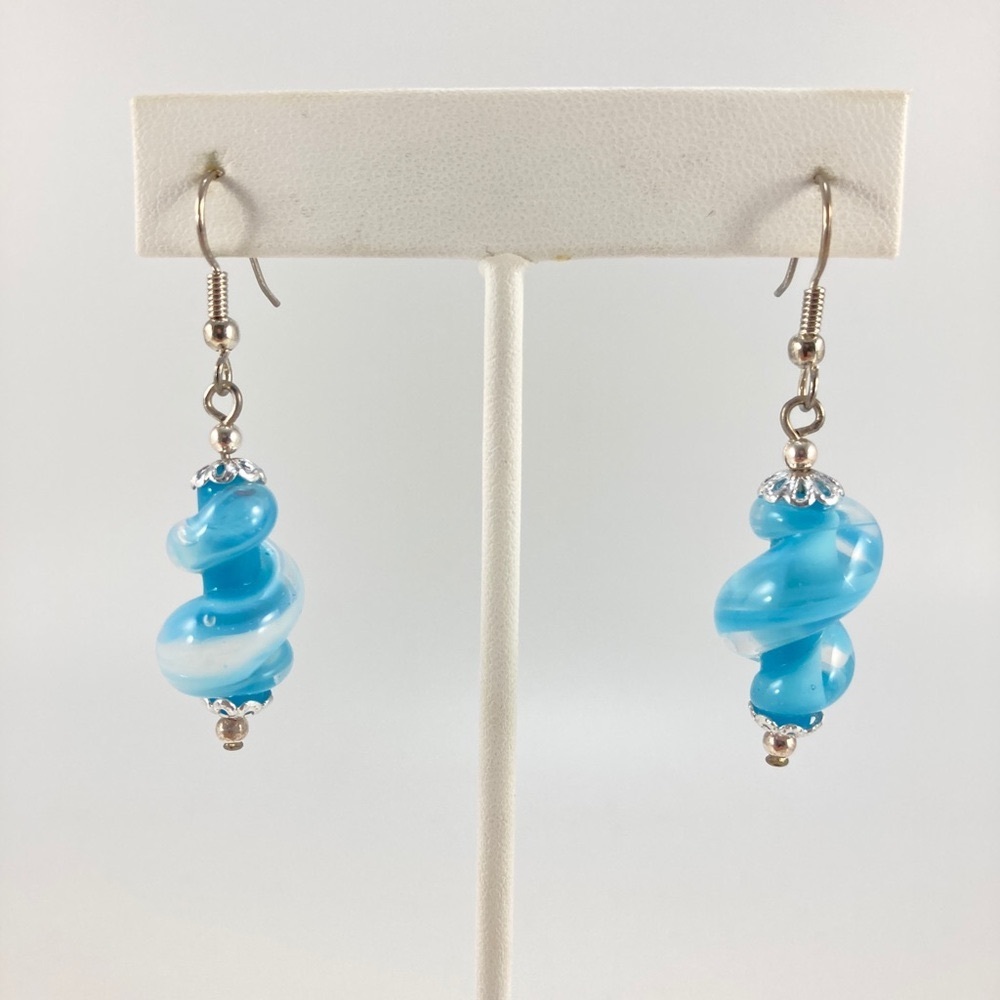 Lamp Work Twist Earrings, Handmade, Sky Blue, Artisan Glass, Handmade Beads